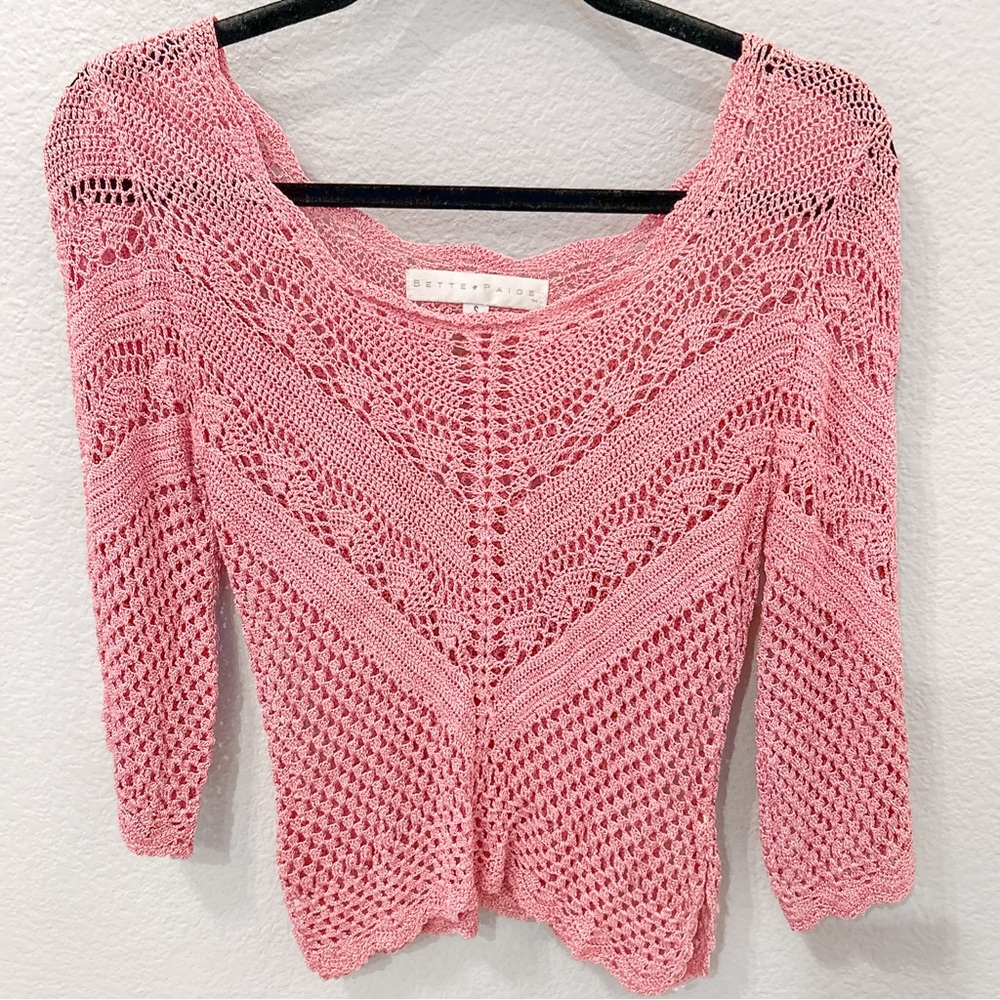 Y2K Bette Paige Blush Pink Crochet Knit Top Blouse 3/4 Sleeve Small Romantic
